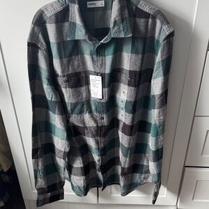 Sonoma Men's Teal and Charcoal Plaid Shirt